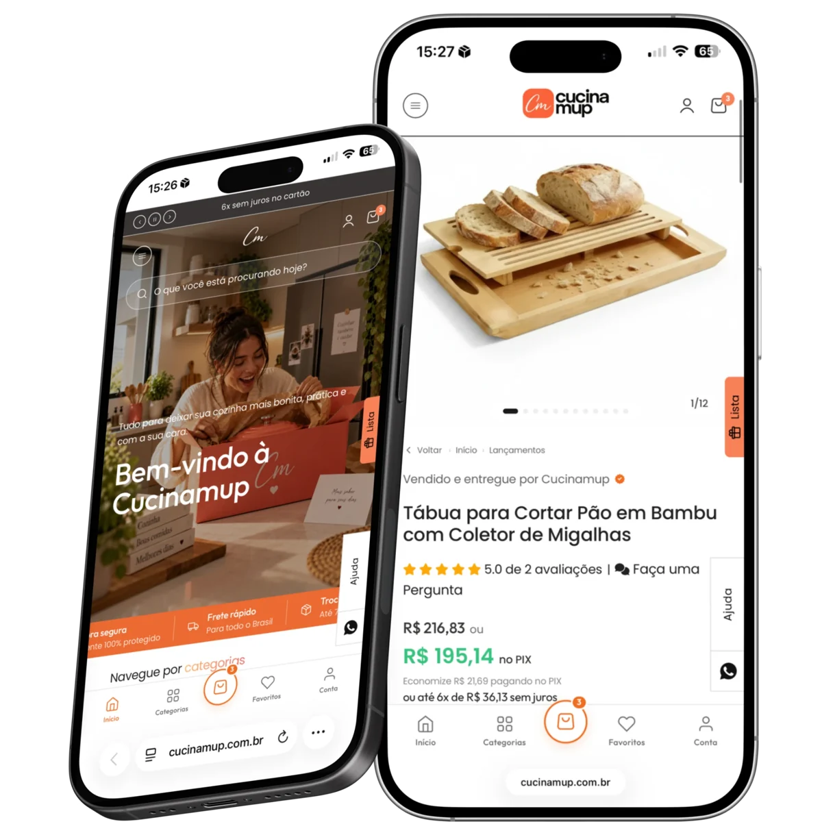Loja Shopify da Cucinamup feita pela Alvafy, aberta em dois iPhones